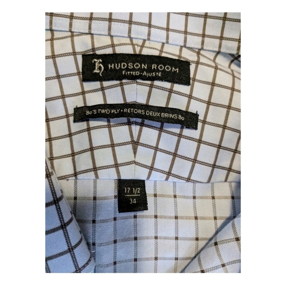 Hudson Room Fitted, Plaid Long Sleeve Shirt, Blue/Grey. 17.5/34 - Picture 3 of 10